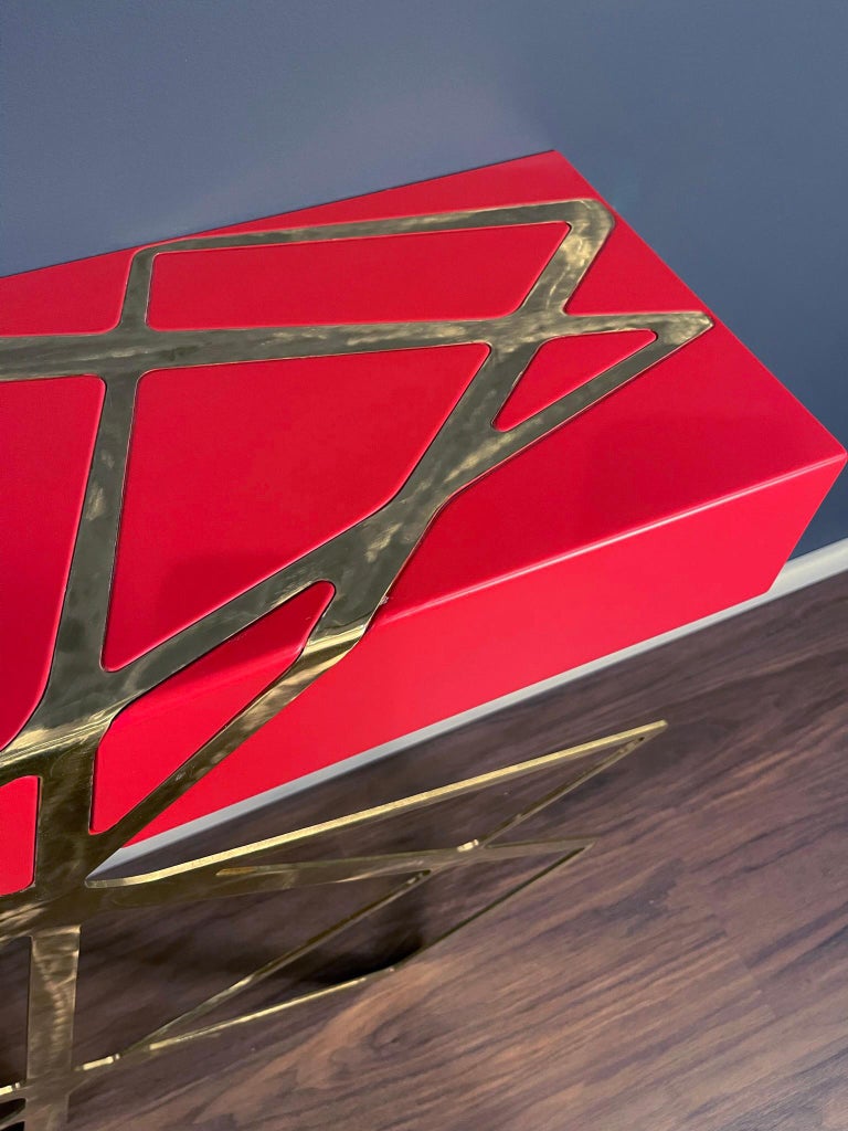 21st Century Modern Console Table in Red Lacquer and Brass Showroom Sample For Sale 4