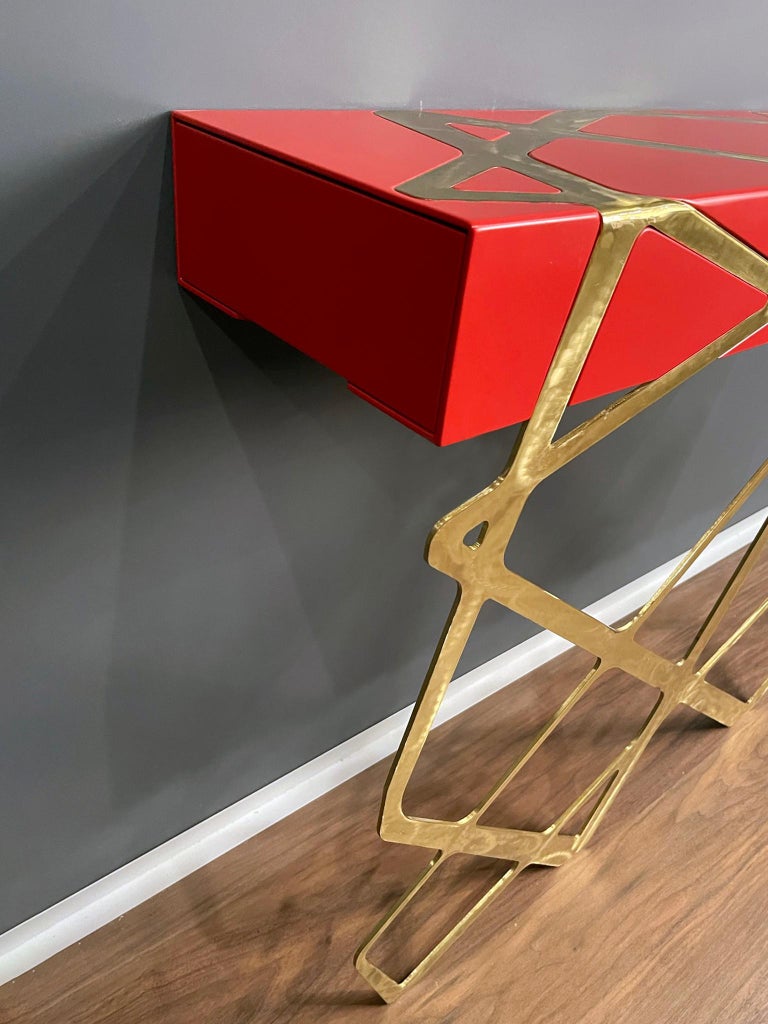 Contemporary 21st Century Modern Console Table in Red Lacquer and Brass Showroom Sample For Sale
