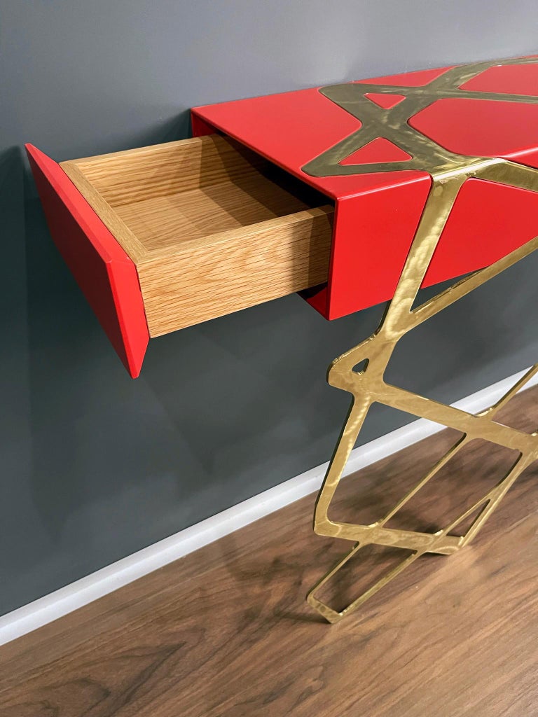 Metal 21st Century Modern Console Table in Red Lacquer and Brass Showroom Sample For Sale