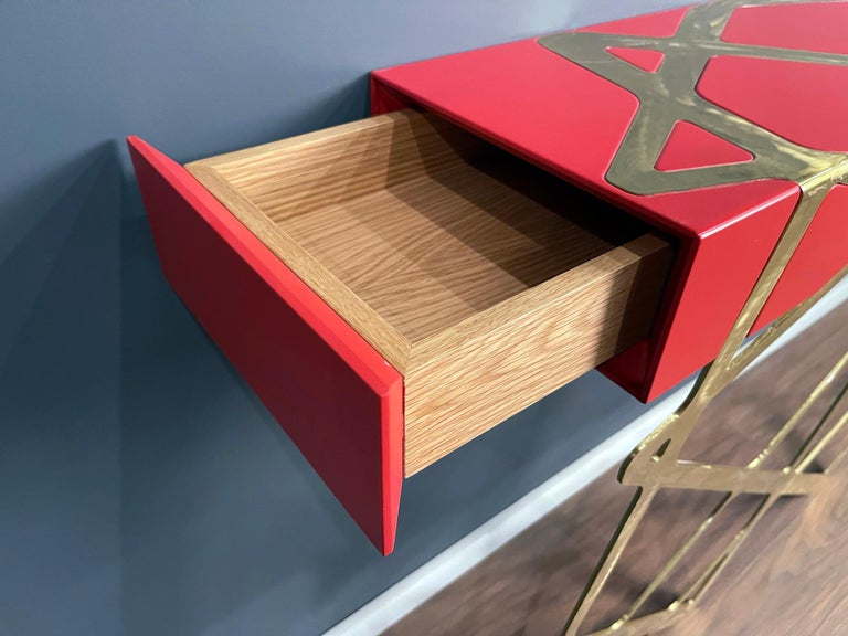 21st Century Modern Console Table in Red Lacquer and Brass Showroom Sample For Sale 1