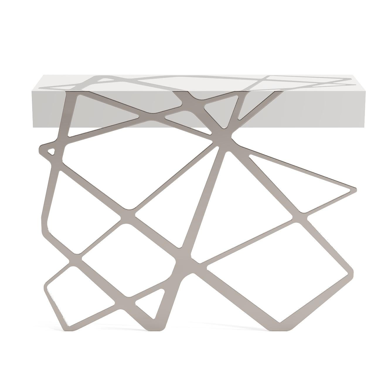 Organic Modern Accent Console Table White Lacquer and Polished Stainless Steel For Sale 1
