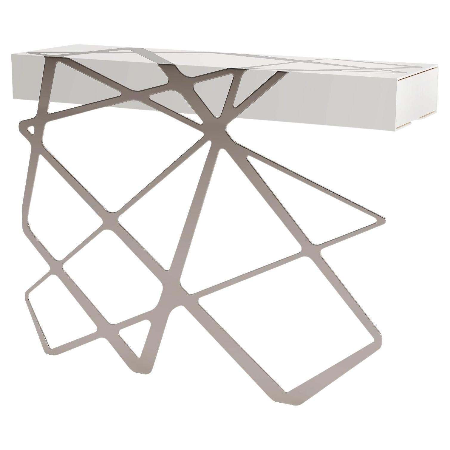 Organic Modern Accent Console Table White Lacquer and Polished Stainless Steel For Sale