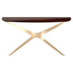 Minimalist Console Table in High-Gloss Ironwood and Gold Lacquered Steel