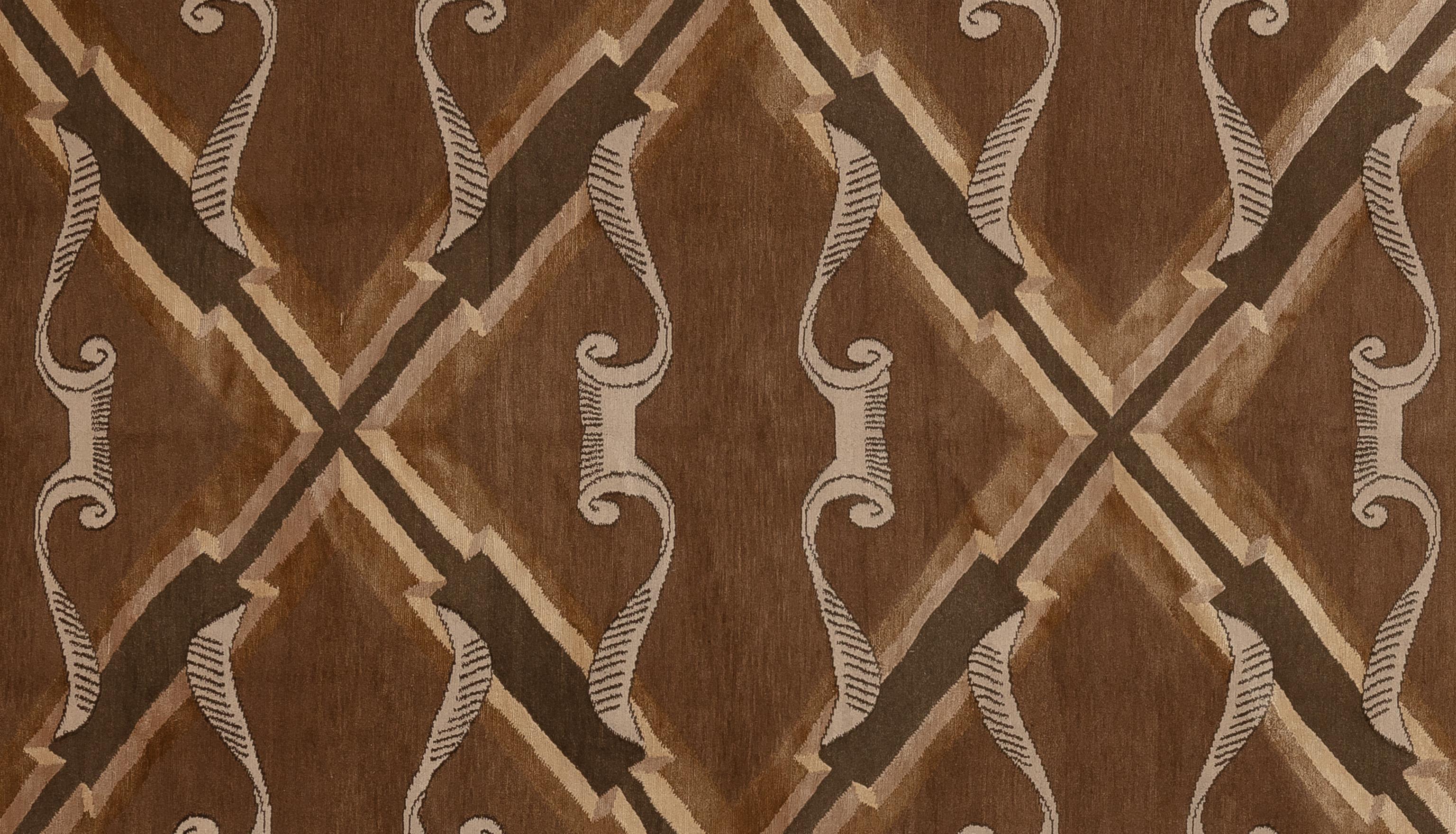 Wir stellen Ihnen unseren auffälligen zeitgenössischen Teppich vor, eine Verschmelzung von modernem Flair und zeitloser Raffinesse, der von erfahrenen Kunsthandwerkern in Nepal sorgfältig hergestellt wird. Aus den feinsten Wollfasern aus der Region