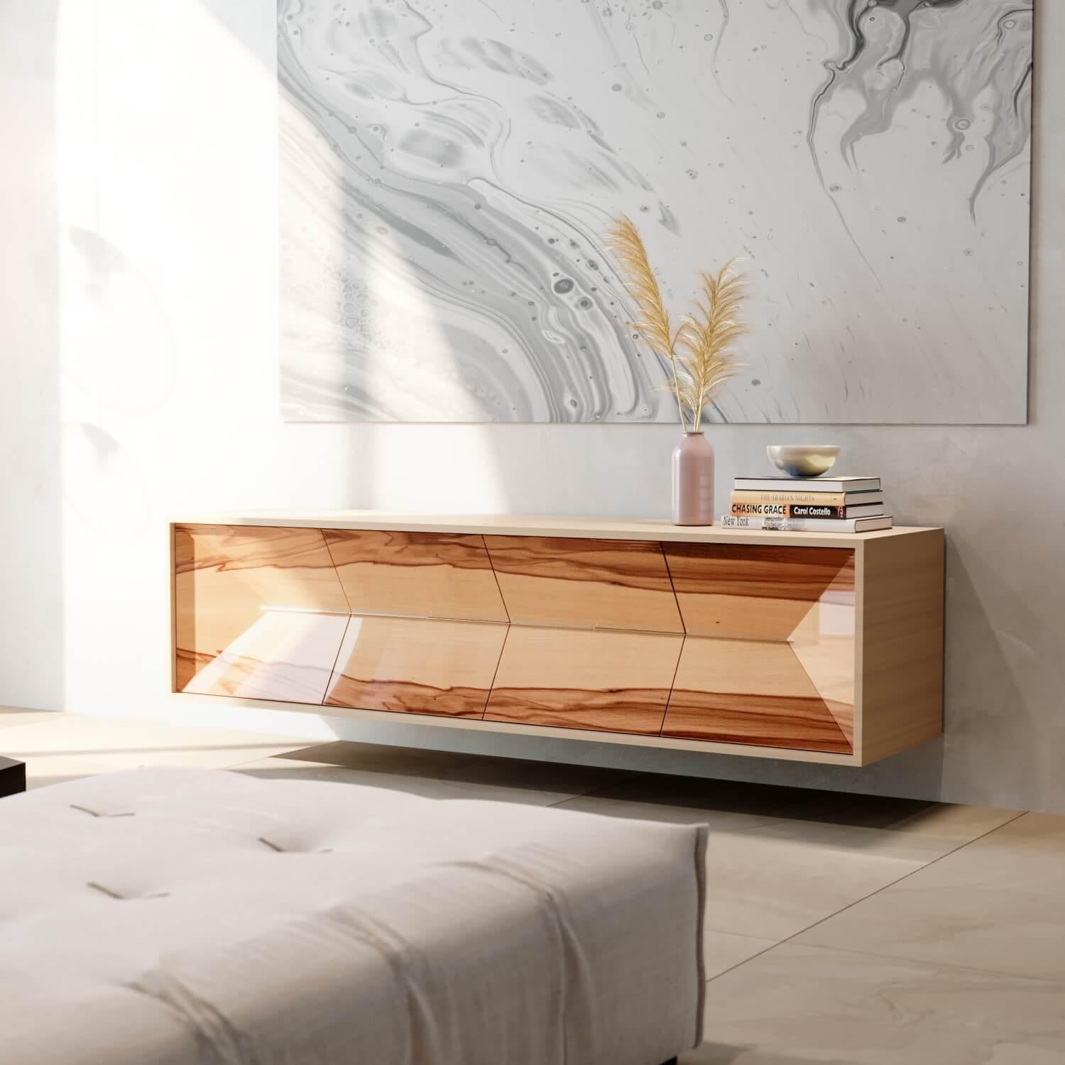 Contemporary Modern Minimalist Suspended Credenza Sideboard Satinwood Brushed Stainless Steel For Sale