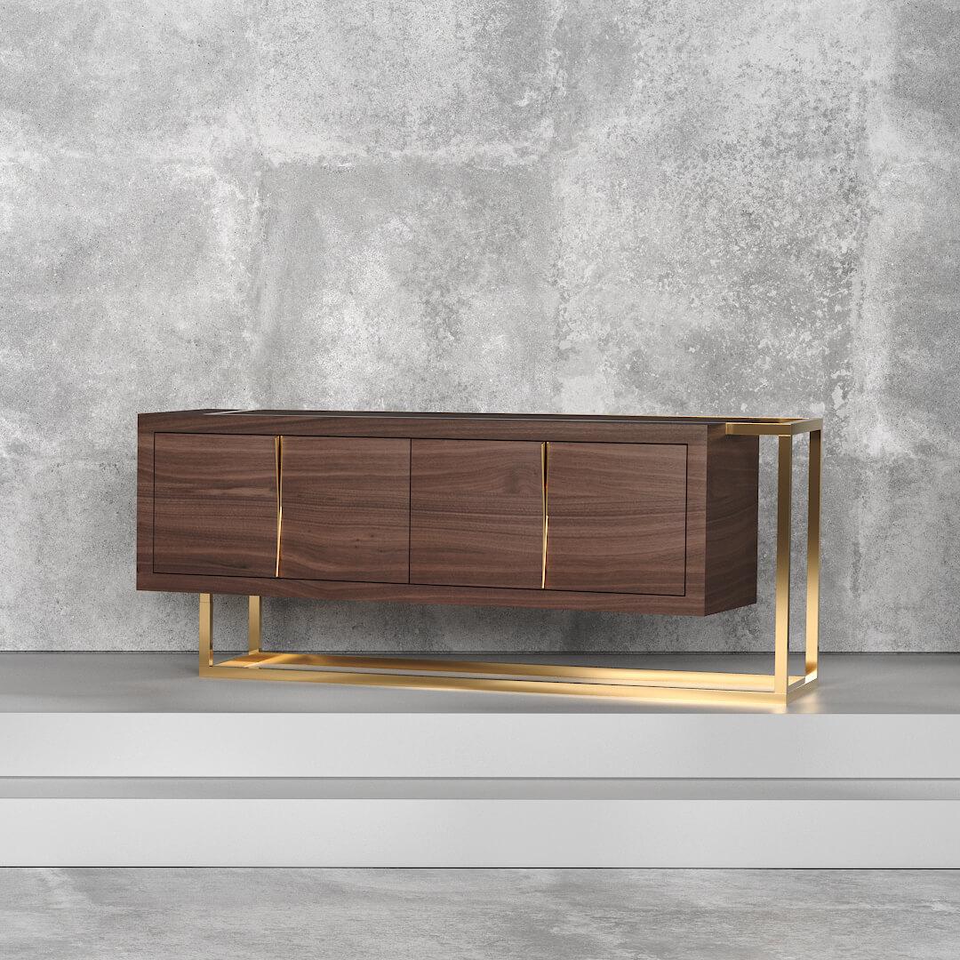 Modern Minimalist Credenza Sideboard in Ebony Macassar Wood and Brushed Brass For Sale 2