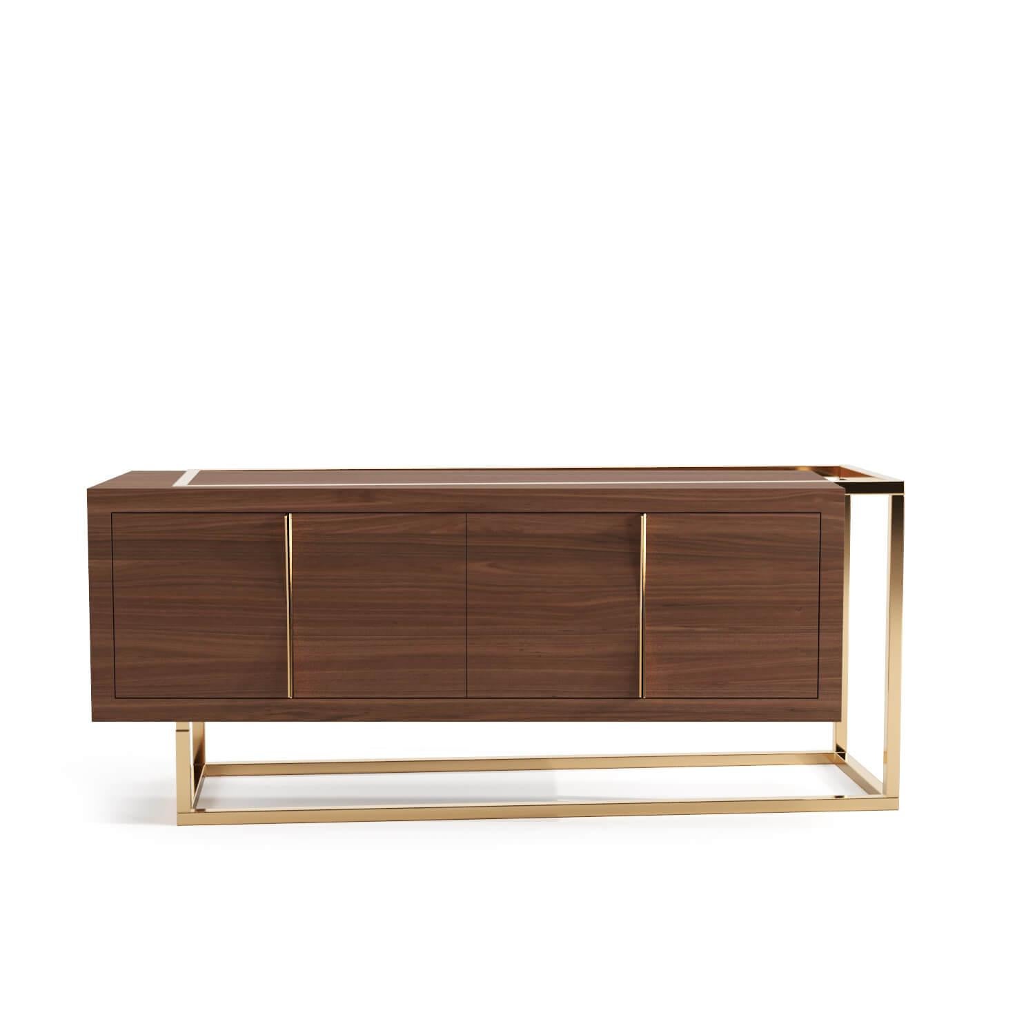 Modern Minimalist Credenza Sideboard in Ebony Macassar Wood and Brushed Brass For Sale 3