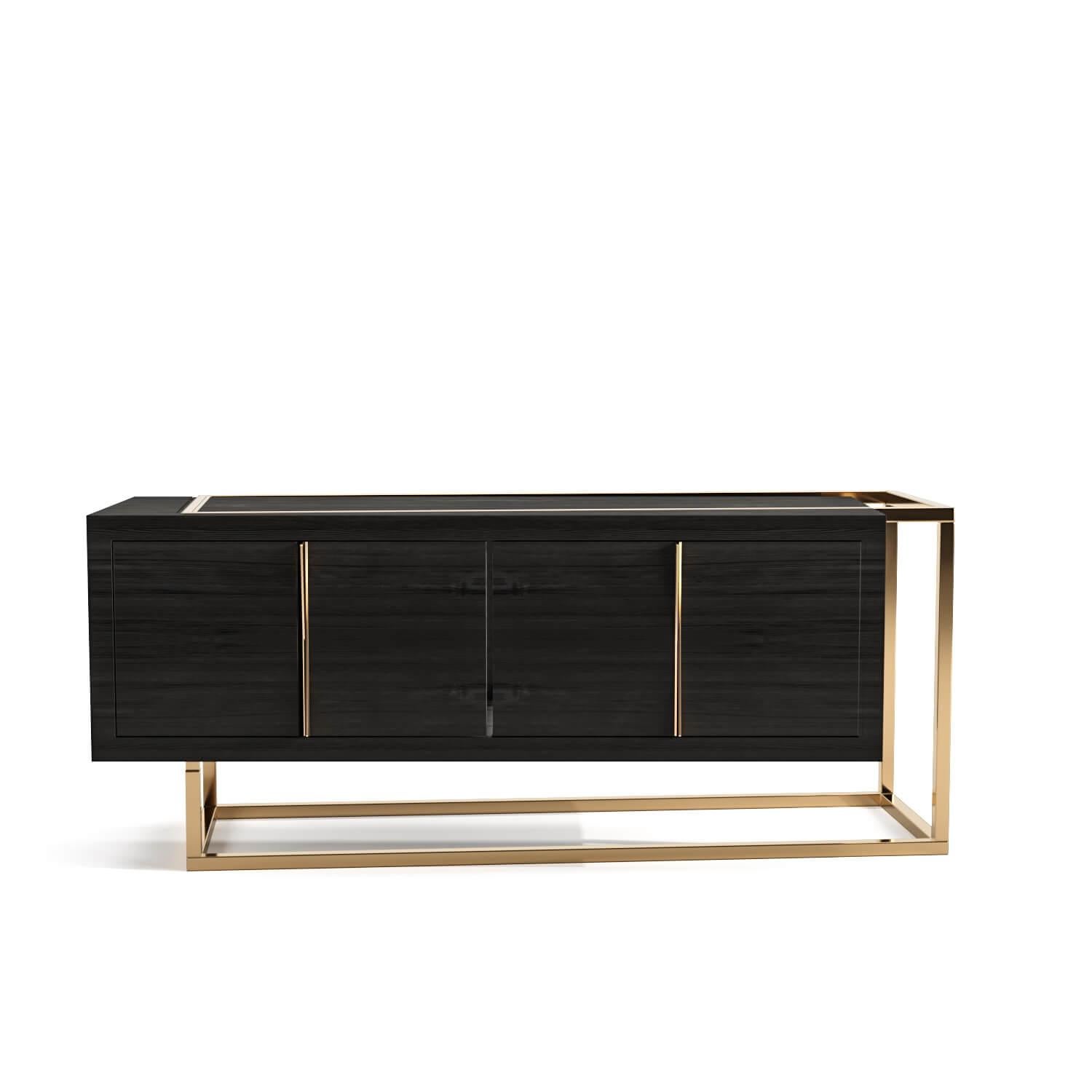 Modern Minimalist Credenza Sideboard in Ebony Macassar Wood and Brushed Brass For Sale 5