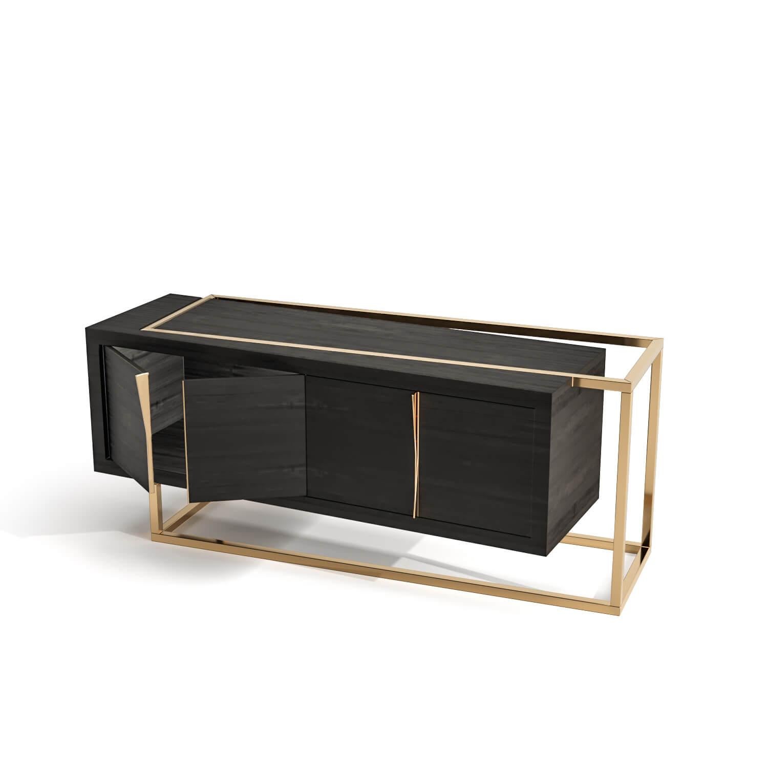 Modern Minimalist Credenza Sideboard in Ebony Macassar Wood and Brushed Brass For Sale 6