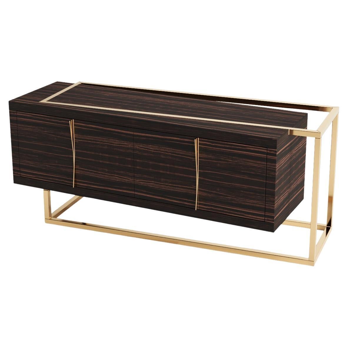 Modern Minimalist Credenza Sideboard in Ebony Macassar Wood and Brushed Brass For Sale