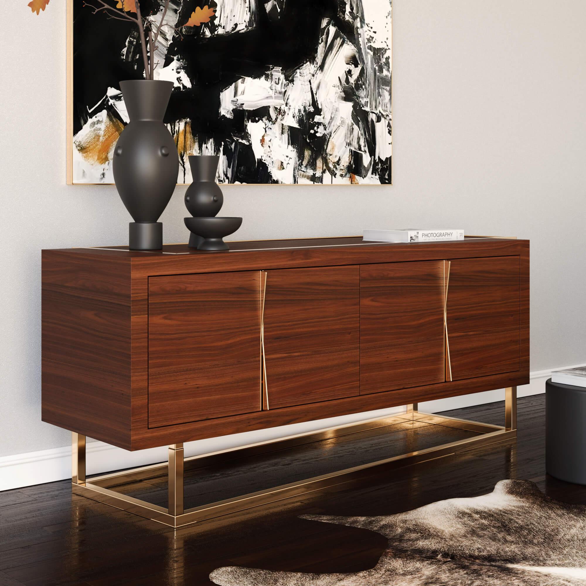 Modern Minimalist Credenza Sideboard in Tineo Wood and Brushed Stainless Steel For Sale 3