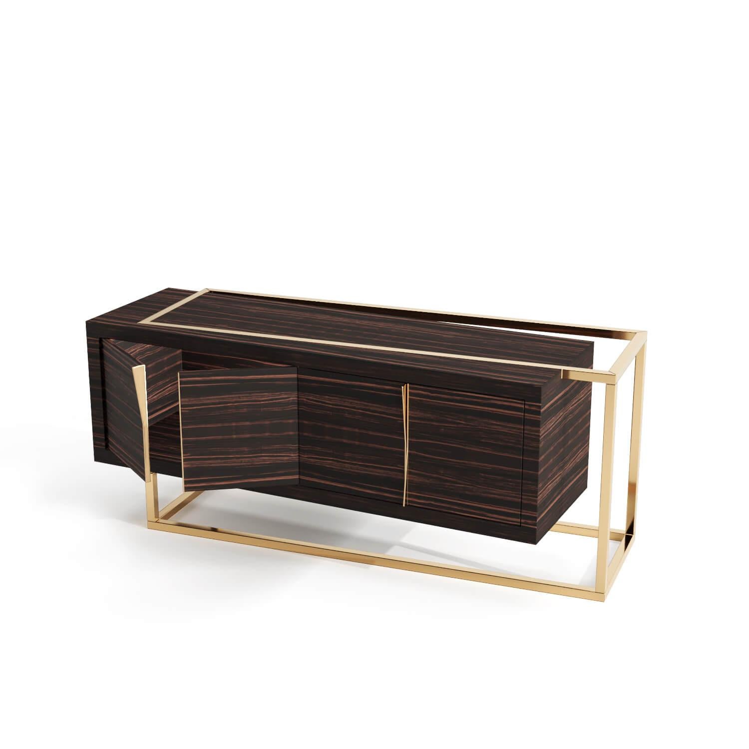 Metal Modern Minimalist Credenza Sideboard in Tineo Wood and Brushed Stainless Steel For Sale