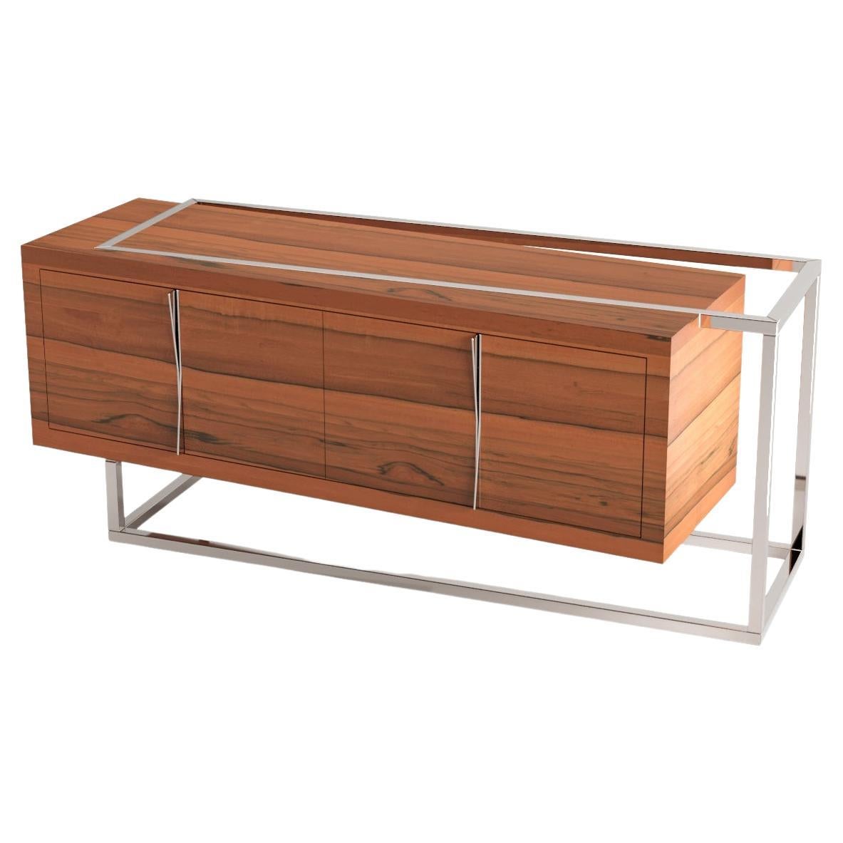 Modern Minimalist Credenza Sideboard in Tineo Wood and Brushed Stainless Steel