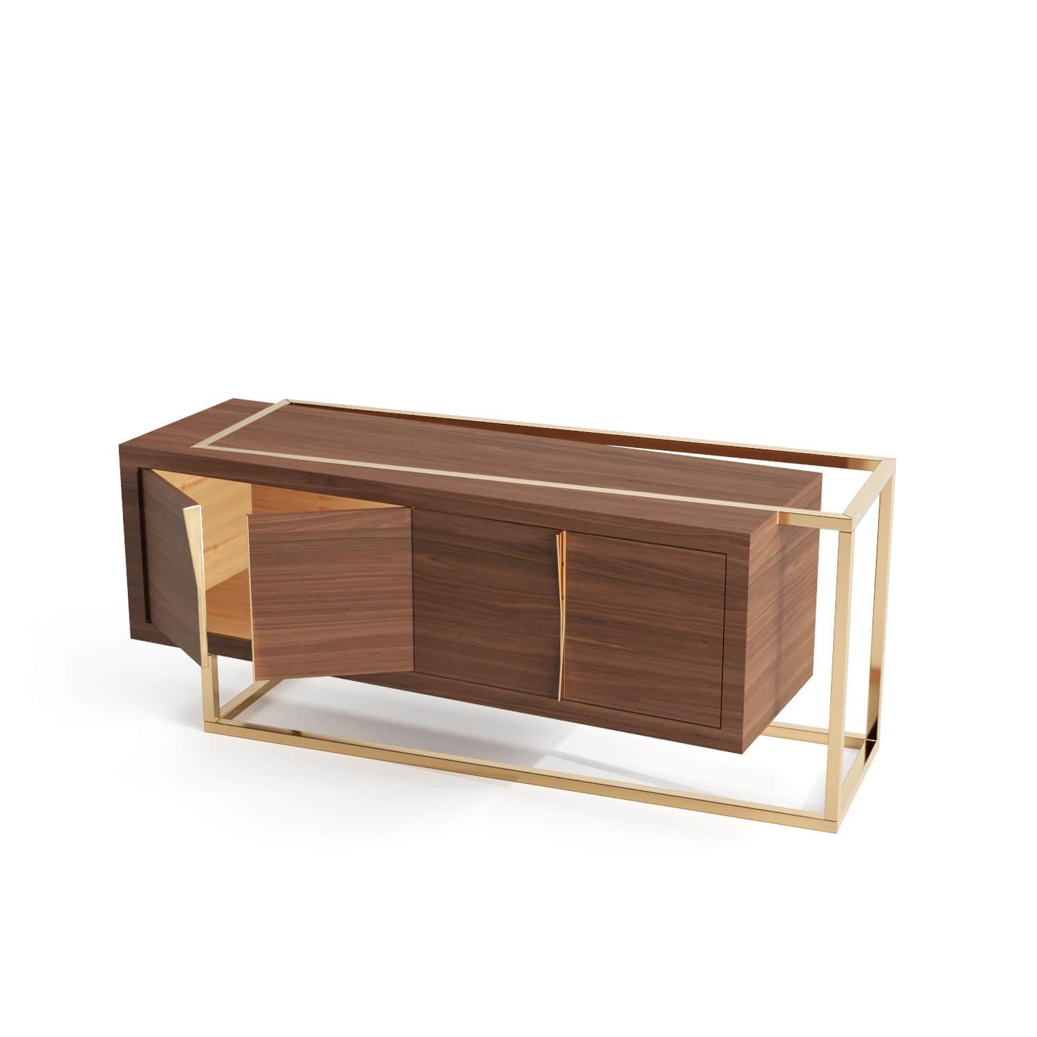 Lacquered Modern Minimalist Credenza Sideboard in Walnut Wood and Brushed Brass For Sale