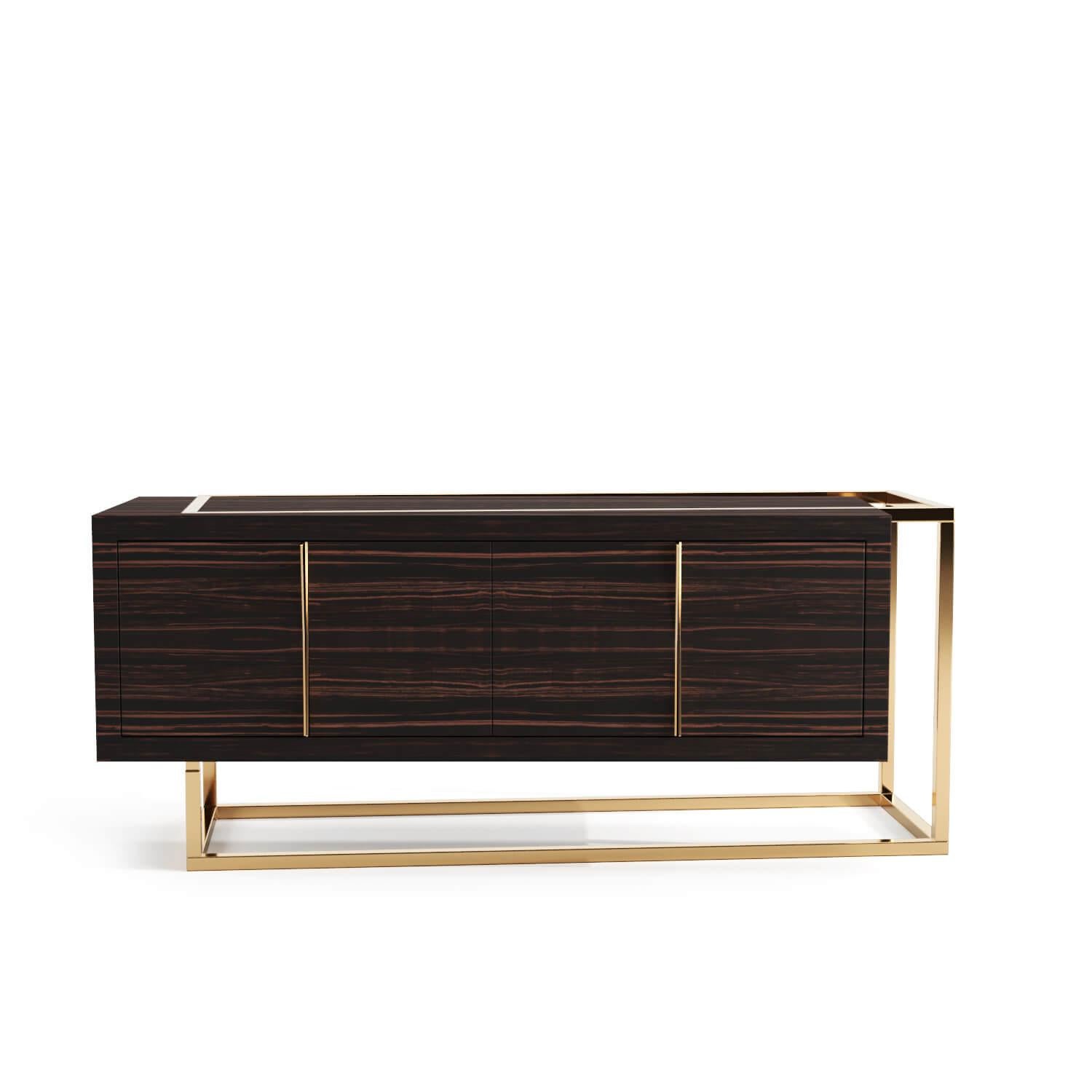 Modern Minimalist Credenza Sideboard in Walnut Wood and Brushed Brass For Sale 7