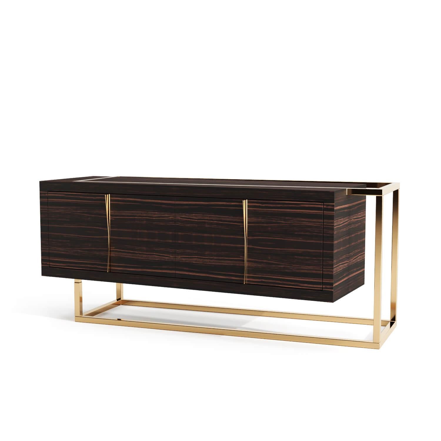 Modern Minimalist Credenza Sideboard in Walnut Wood and Brushed Brass For Sale 8