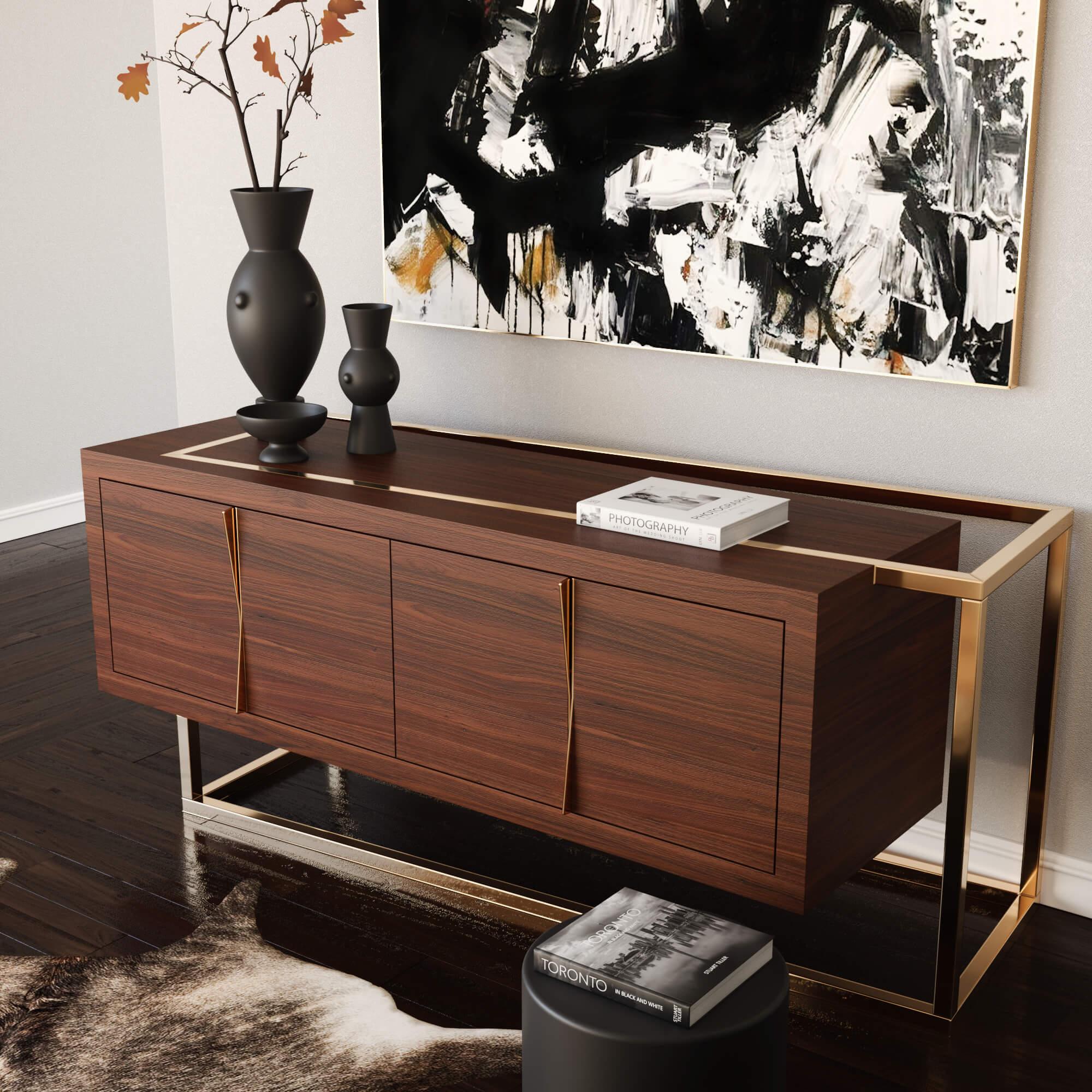 Modern Minimalist Credenza Sideboard in Walnut Wood and Brushed Brass For Sale 2