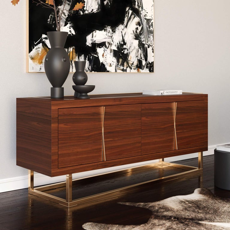 21st Century Modern Credenza Sideboard in Walnut Wood and Brushed Brass For Sale 1