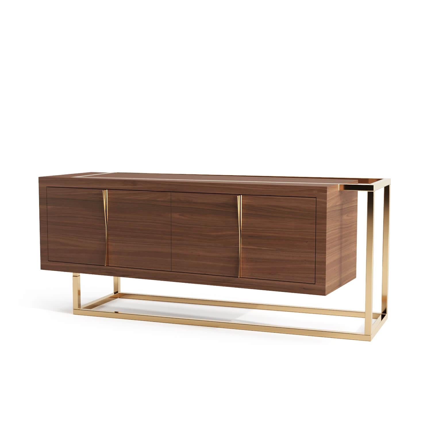 Portuguese Modern Minimalist Credenza Sideboard in Walnut Wood and Brushed Brass For Sale