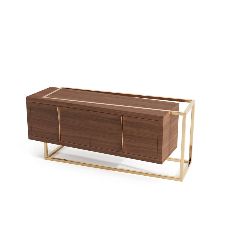 21st Century Modern Credenza Sideboard in Walnut Wood and Brushed Brass For Sale 3