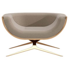 21st Century Modern Curved Back Lounge Armchair in Wood, Brass and Gold Finish