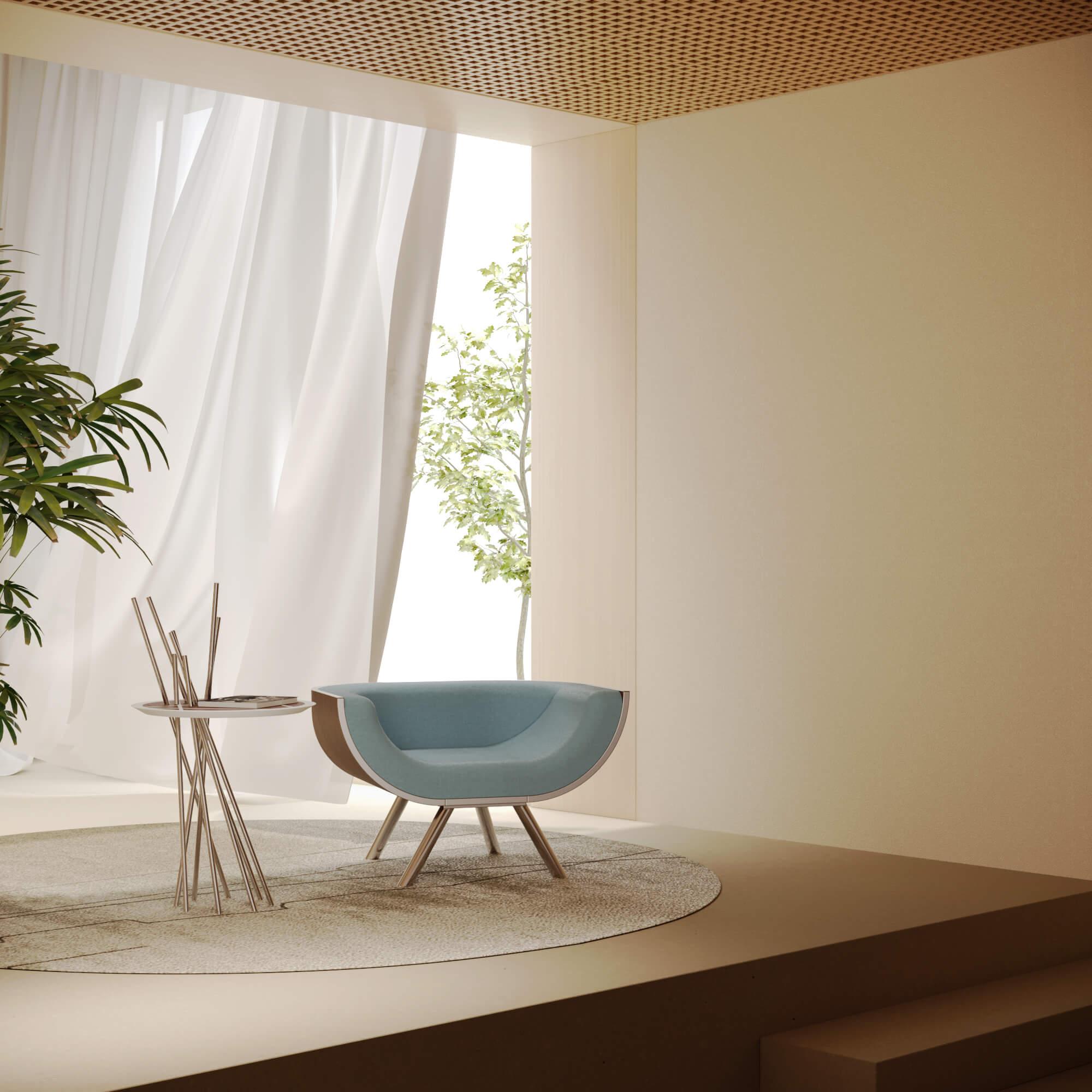 Poltrona da salotto moderna in legno Schienale curvo Wood Wood spazzolato acciaio inox in vendita 3