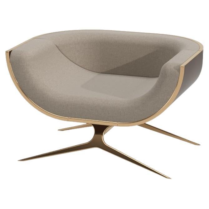 Lounge Armchair with Curved Back in Ironwood, Polished Brass & Gold Finish