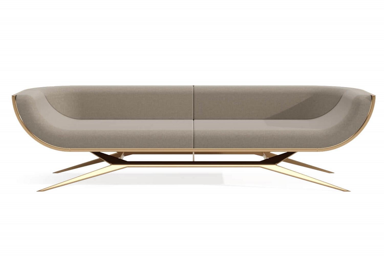 Modernes dreisitziges Sofa aus Holz mit geschwungener Rückenlehne aus Eisenholz, poliertem Messing und Goldausführung im Angebot 8