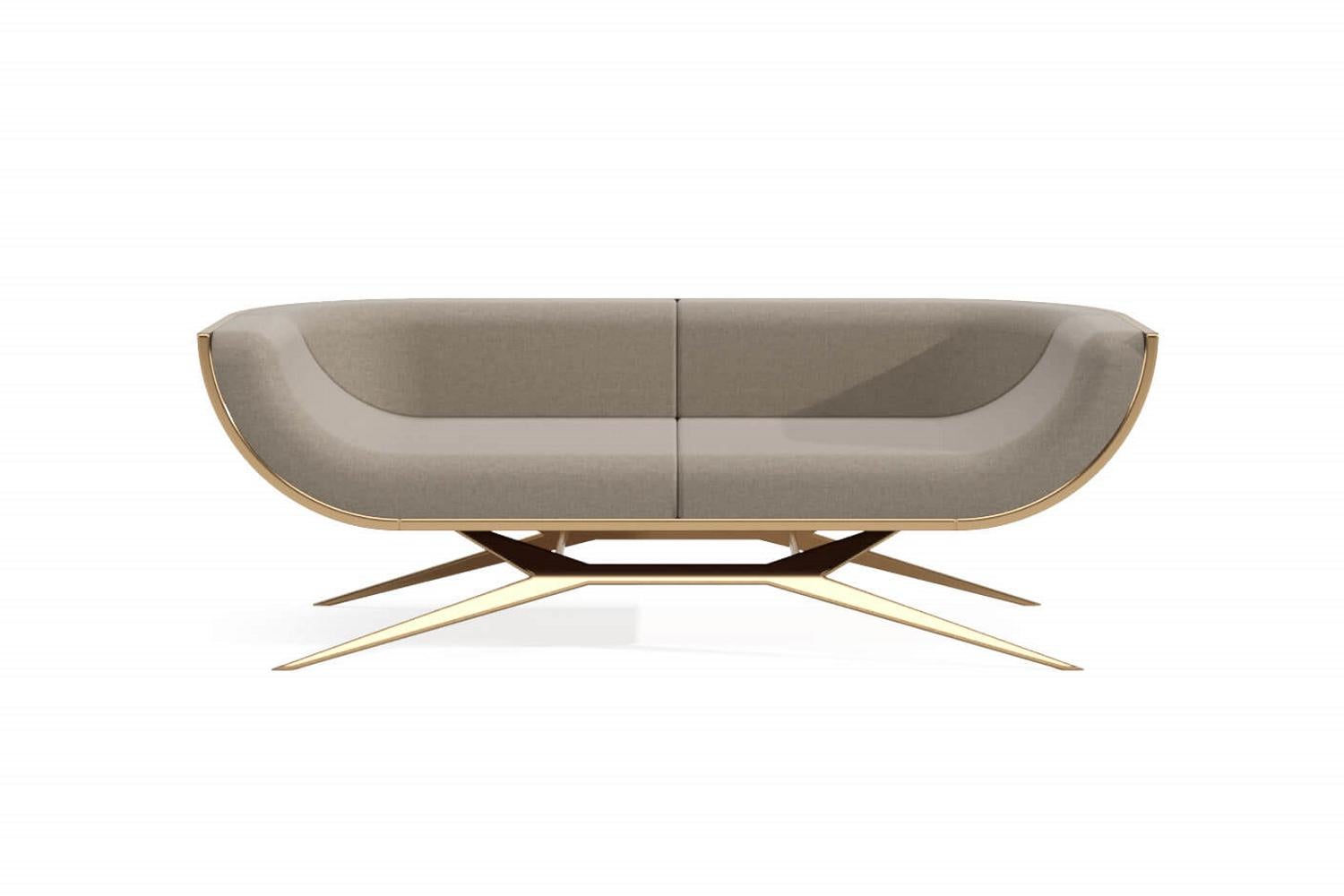 Modernes Zweisitzer-Sofa Gebogene Rückenlehne aus Holz Eisenholz Poliertes Messing Gold Finish im Angebot 8