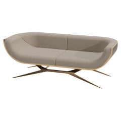 Two-Seater Sofa with Curved Back in Ironwood, Polished Brass & Gold Finish