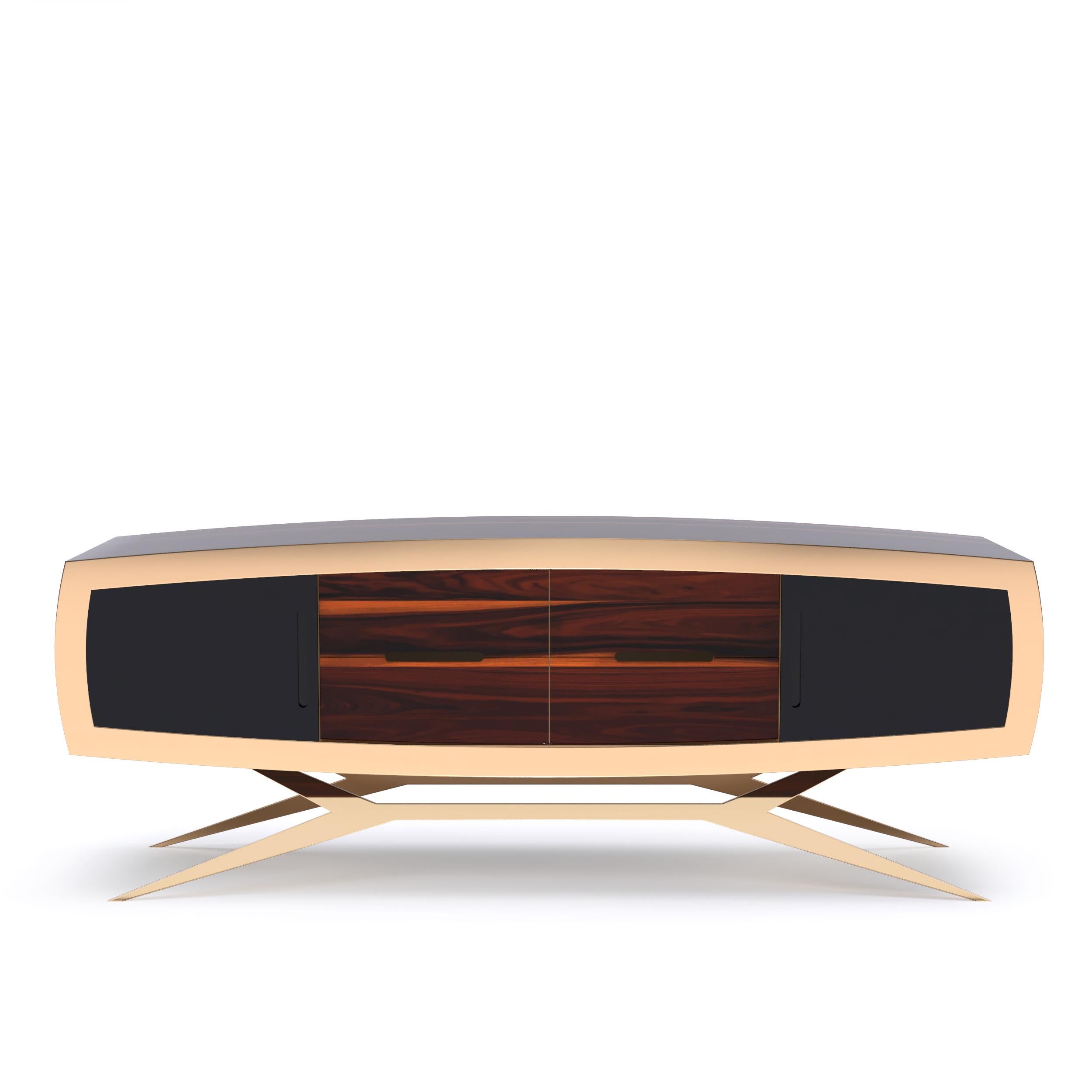 Portuguese Modern Curved Credenza Sideboard Ironwood Black Lacquer Brushed Brass For Sale
