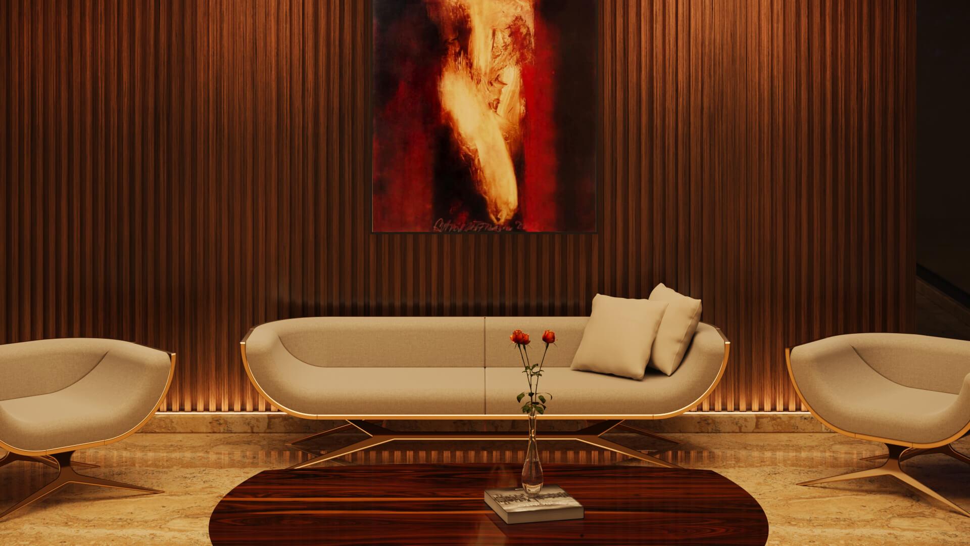 Modernes dreisitziges Sofa aus Holz mit geschwungener Rückenlehne aus Eisenholz, poliertem Messing und Goldausführung im Angebot 5