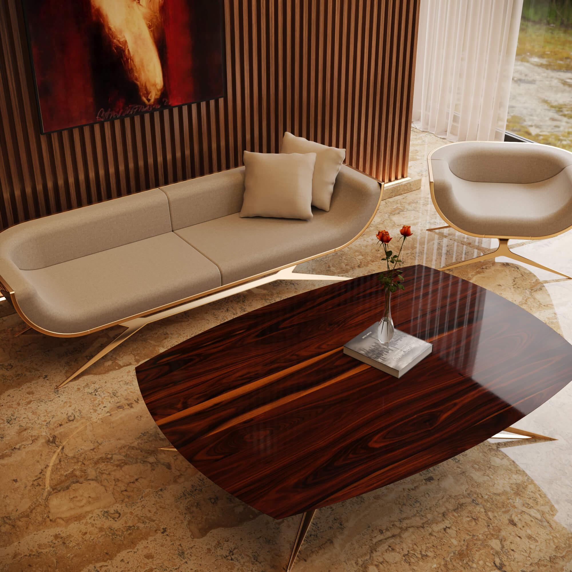 Modernes dreisitziges Sofa aus Holz mit geschwungener Rückenlehne aus Eisenholz, poliertem Messing und Goldausführung im Angebot 6