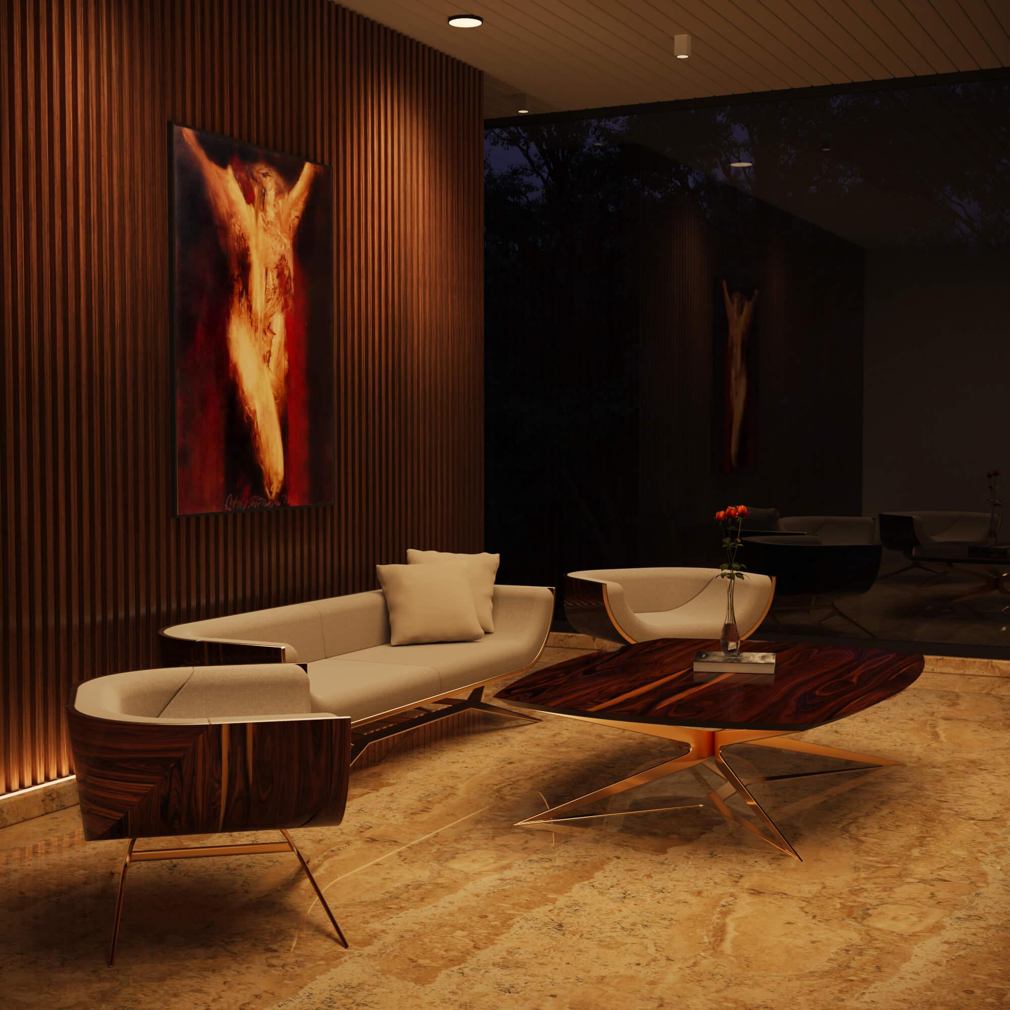 Modernes dreisitziges Sofa aus Holz mit geschwungener Rückenlehne aus Eisenholz, poliertem Messing und Goldausführung im Angebot 7