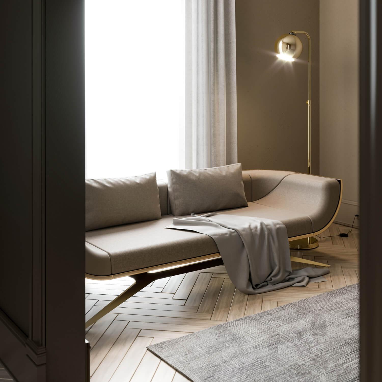 Modernes Zweisitzer-Sofa Gebogene Rückenlehne aus Holz Eisenholz Poliertes Messing Gold Finish im Angebot 4
