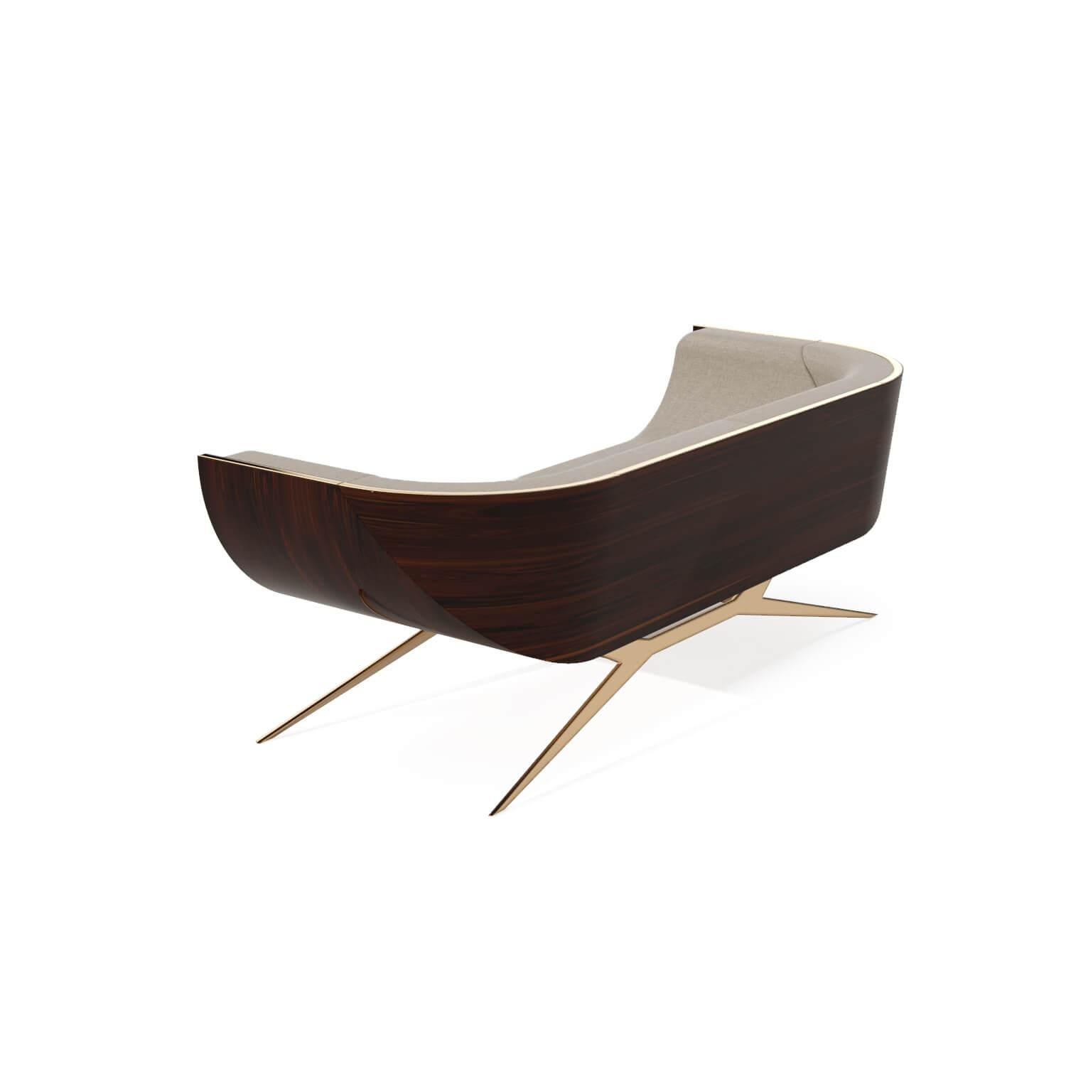 Modernes Zweisitzer-Sofa Gebogene Rückenlehne aus Holz Eisenholz Poliertes Messing Gold Finish im Angebot 10