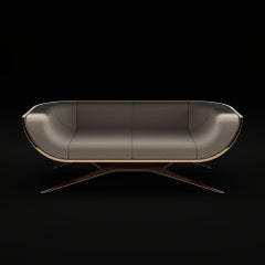 Contemporary Sofa, Two-Seats, Handmade, Curved Ironwood Back and Brass