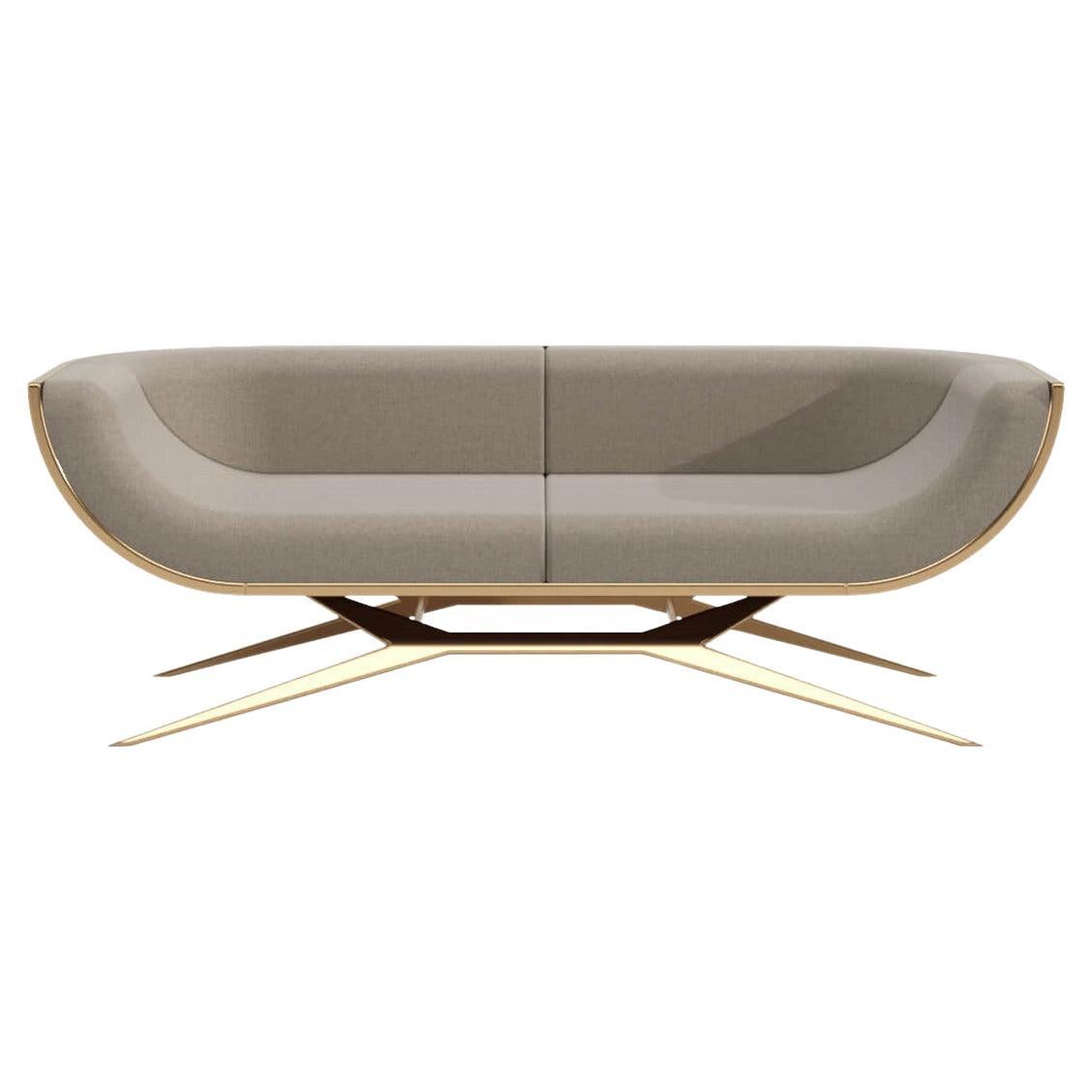 21st Century Modern Curved Back Two-Seater Sofa in Wood, Brass and Gold Finish