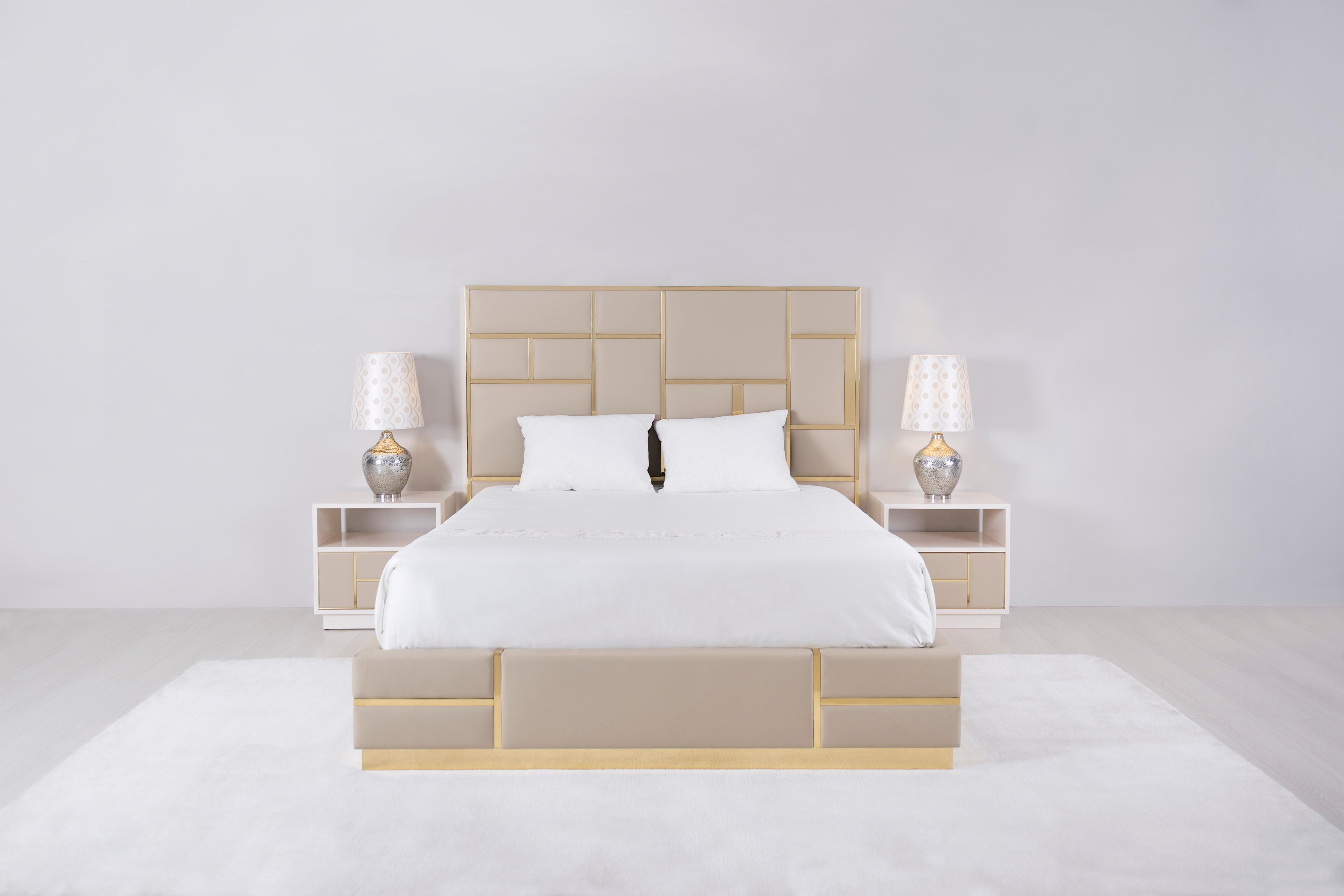 Elisa Bed, Contemporary Collection, Handcrafted in Portugal - Europe by Greenapple.

The elegant Elisa bed is upholstered in high-quality Italian leather in beige and designed to combine modern comfort with elegant details. The shiny polished brass