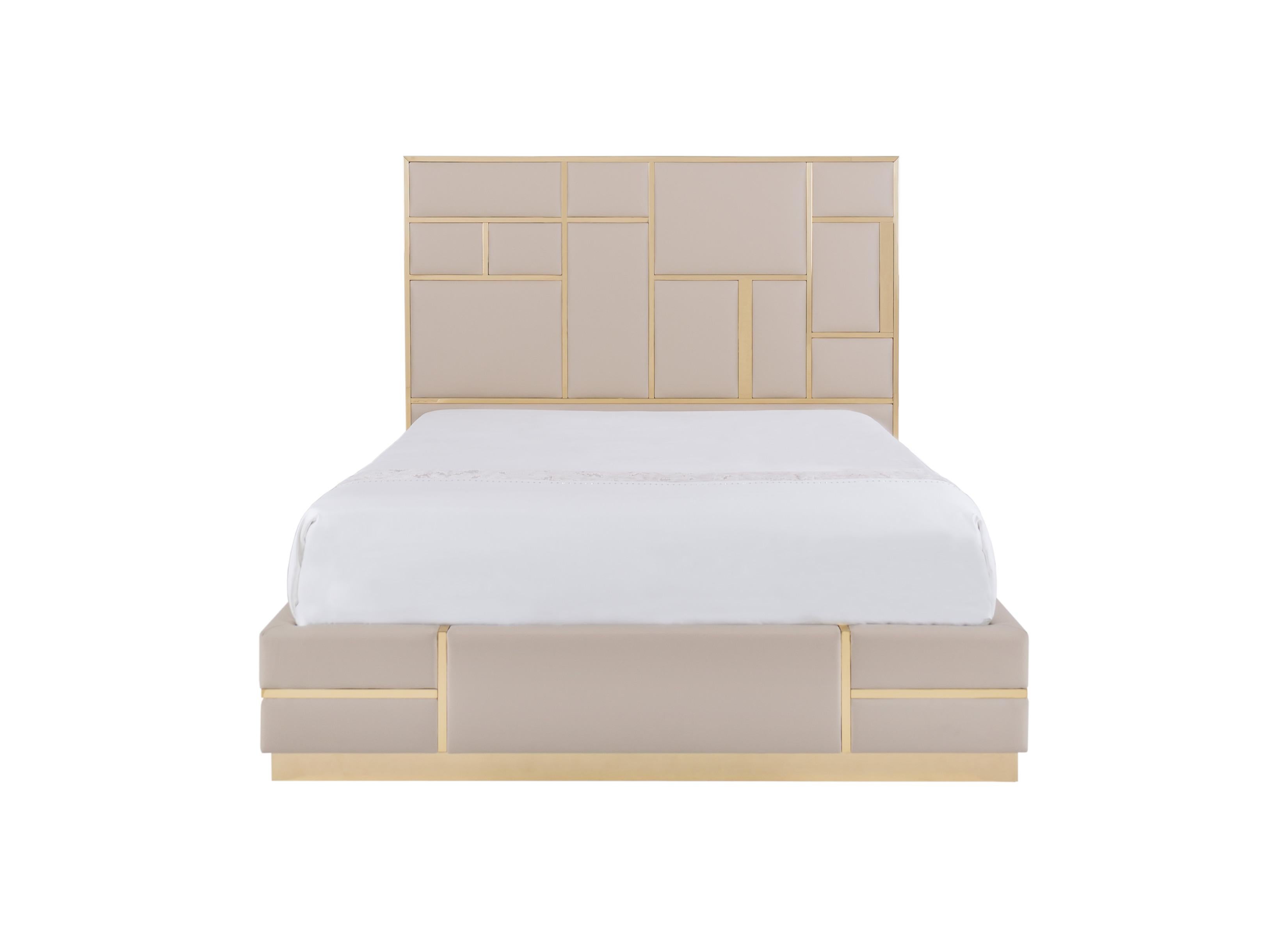 Brushed Modern Elisa Bed, Beige Italian Leather, Handmade in Portugal by Greenapple For Sale