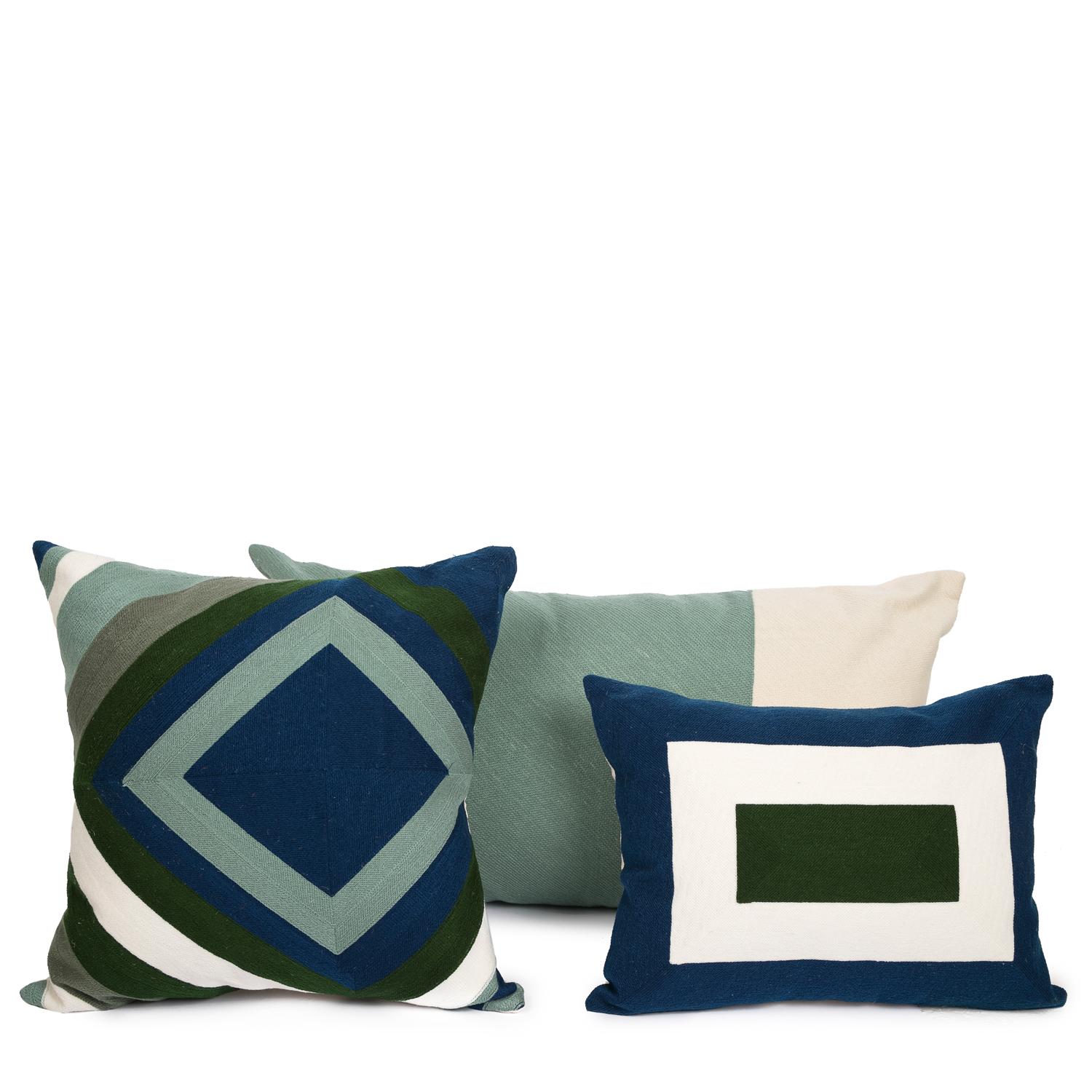 Indian 21st Century Modern Embroidery Pillow Cotton Sonia Blue Turquoise & Green For Sale