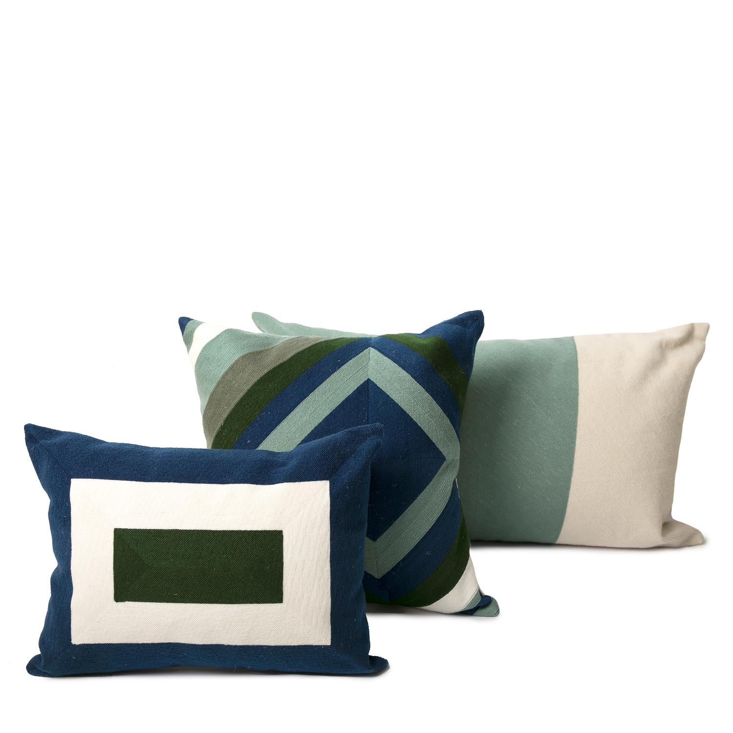 Contemporary 21st Century Modern Embroidery Pillow Cotton Sonia Blue Turquoise & Green For Sale