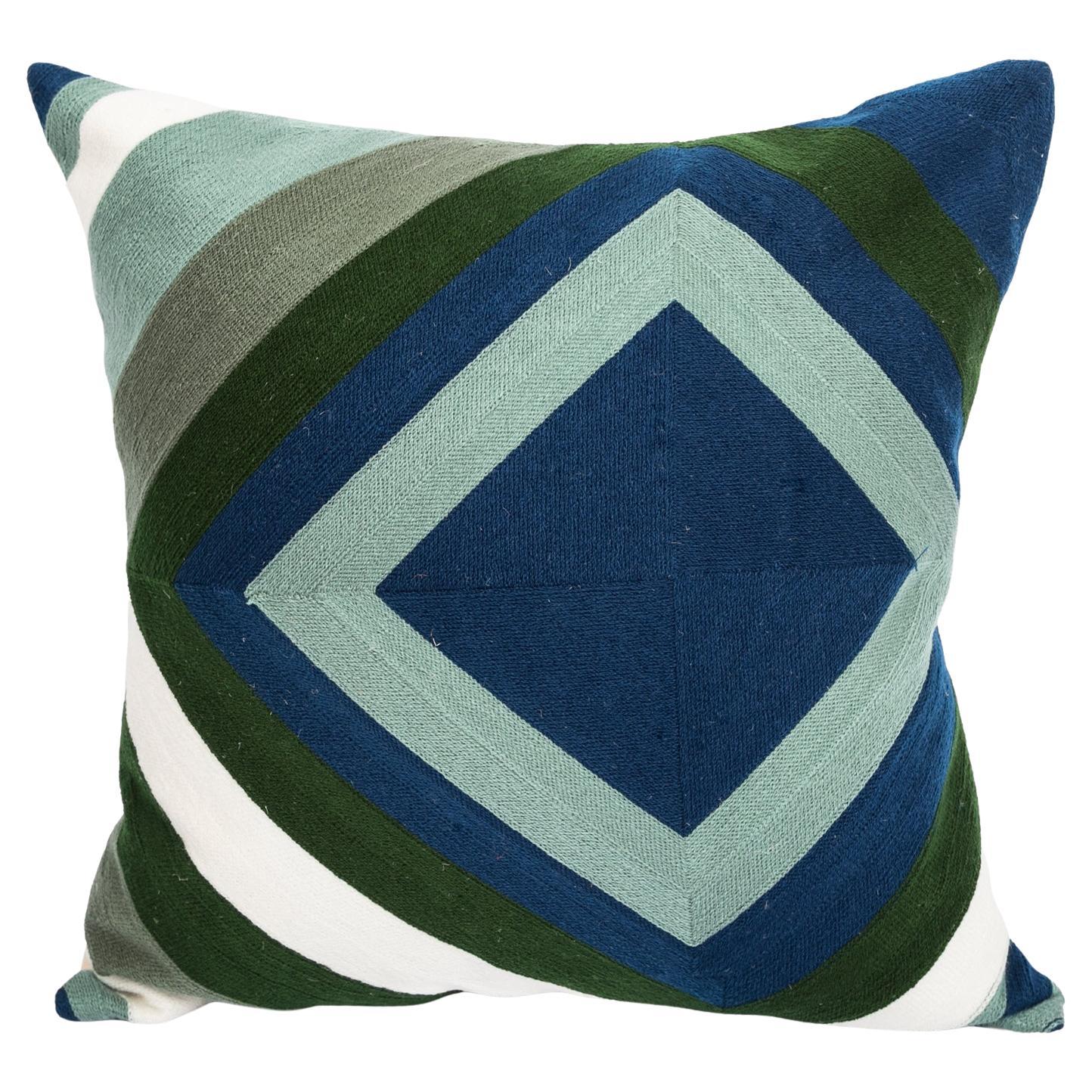 21st Century Modern Embroidery Pillow Cotton Sonia Blue Turquoise & Green For Sale