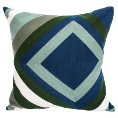 21st Century Modern Embroidery Pillow Cotton Sonia Blue Turquoise & Green