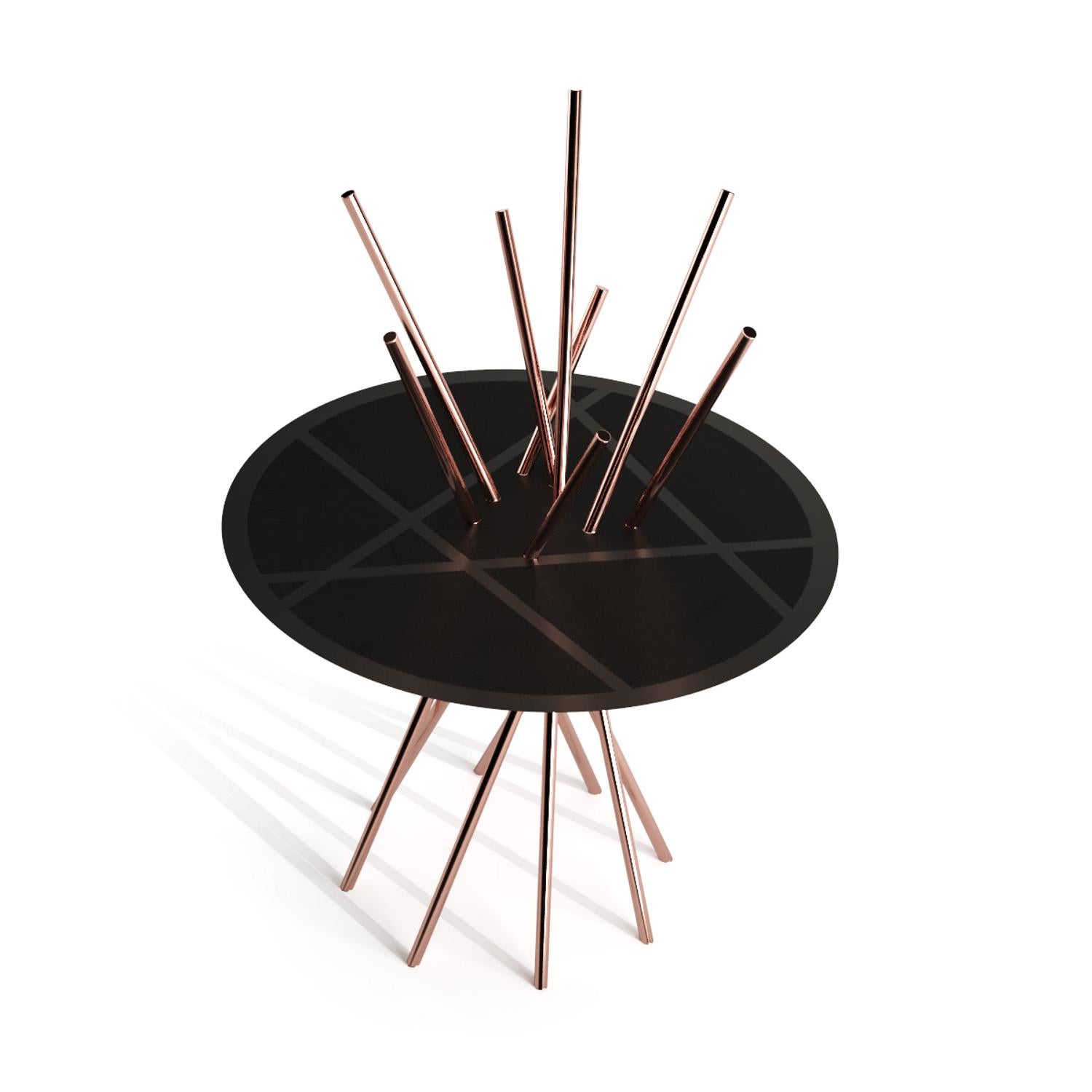 Moderne The Moderns Round Entryway Pedestal Table Black Oak Wood Black Lacquer Brushed Copper en vente