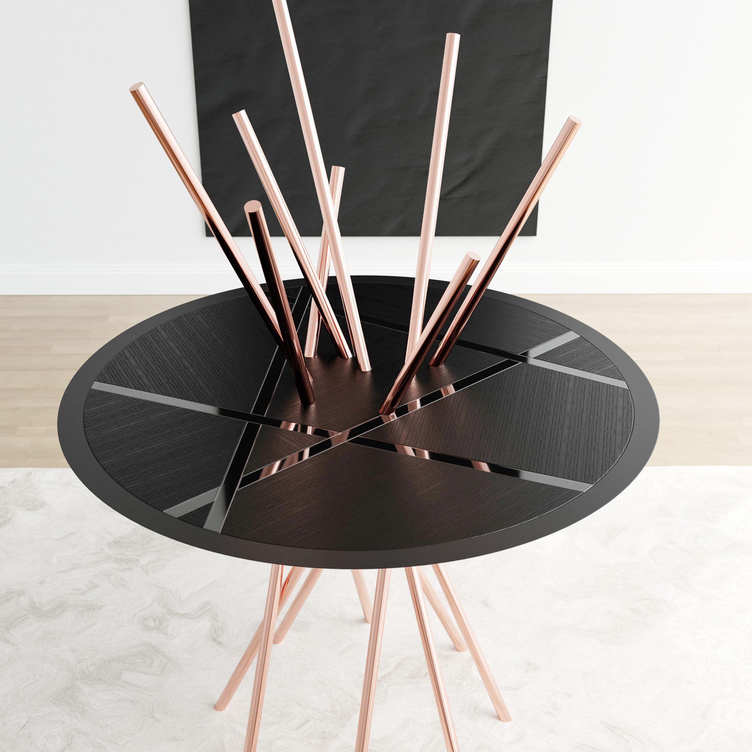 Modern Round Entryway Pedestal Table Black Oak Wood Black Lacquer Brushed Copper For Sale 1