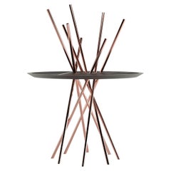 Modern Round Entryway Pedestal Table Black Oak Wood Black Lacquer Brushed Copper