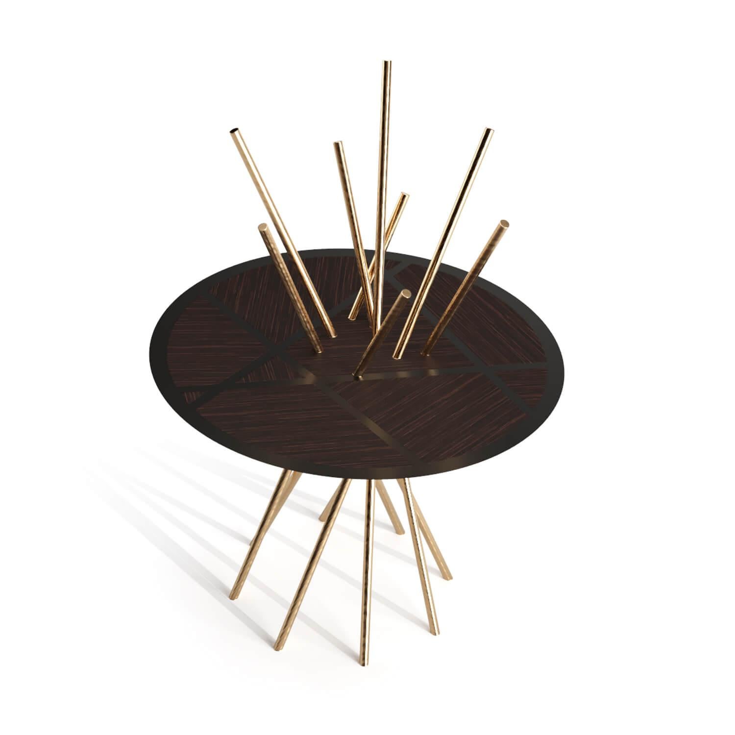 Portuguese Modern Round Pedestal Table Ebony Macassar Wood Black Lacquer Brushed Brass For Sale
