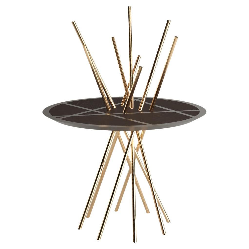Modern Round Pedestal Table Ebony Macassar Wood Black Lacquer Brushed Brass For Sale