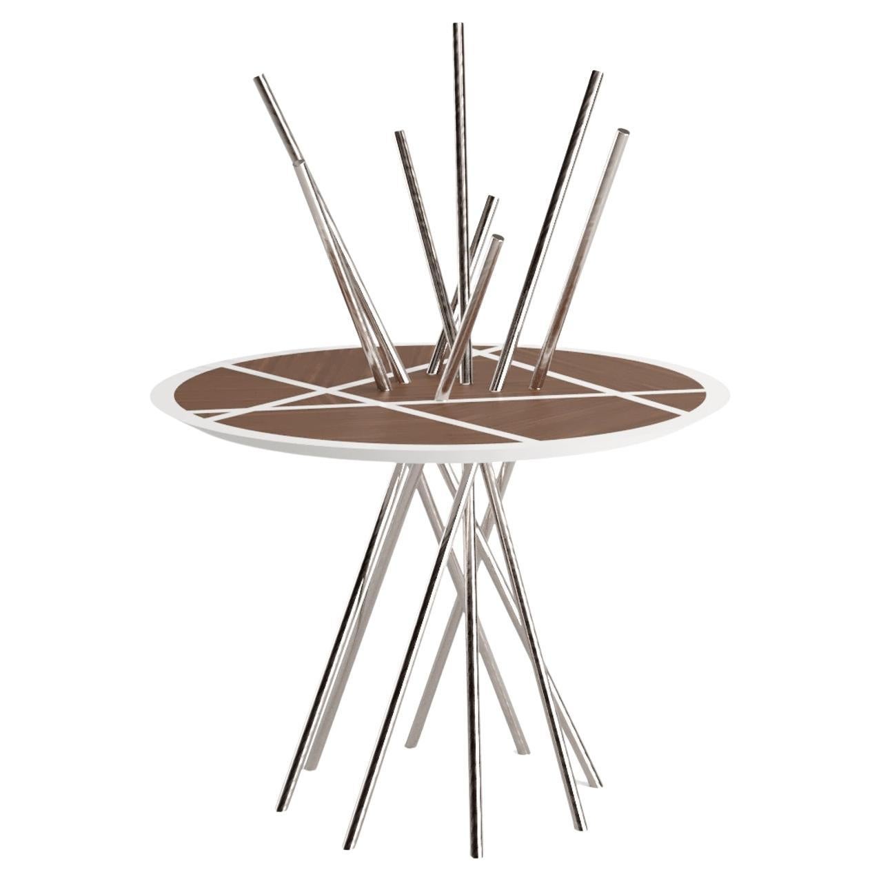 Mesa Pedestal Redonda Moderna Madera de Nogal Laca Blanca Acero Inoxidable Cepillado en venta